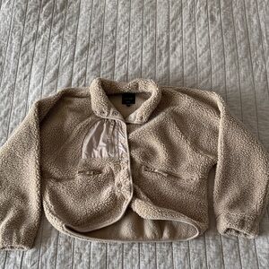 Cropped Beige Sherpa Jacket with Snap Front